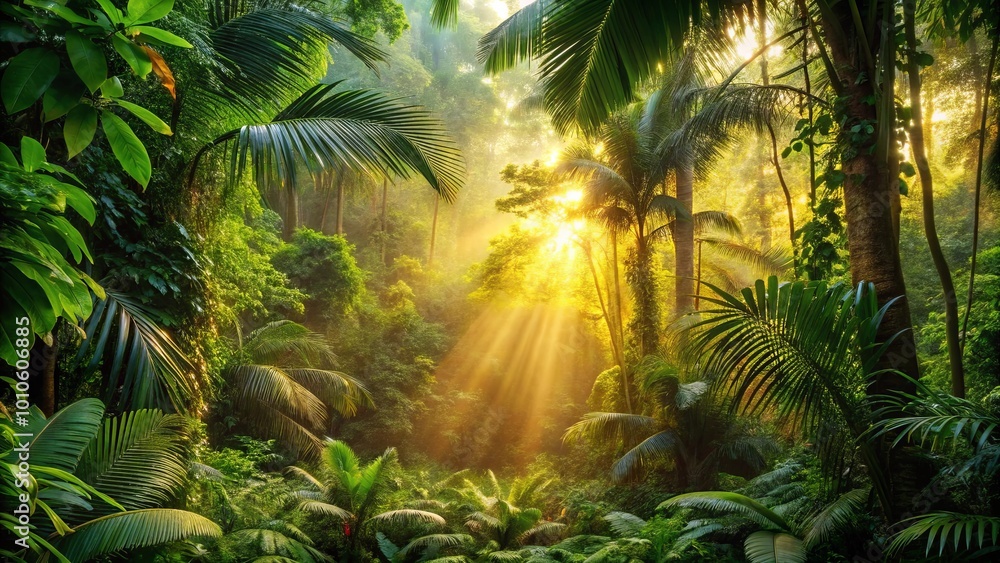 Golden Rays Illuminating a Verdant Tropical Canopy, Creating a Dreamlike Atmosphere of Serenity and Tranquility Golden Rays Illuminating a Verdant Tropical Canopy, Creating a Dreamlike Atmosphere of Serenity and Tranquility