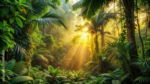 Golden Rays Illuminating a Verdant Tropical Canopy, Creating a Dreamlike Atmosphere of Serenity and Tranquility