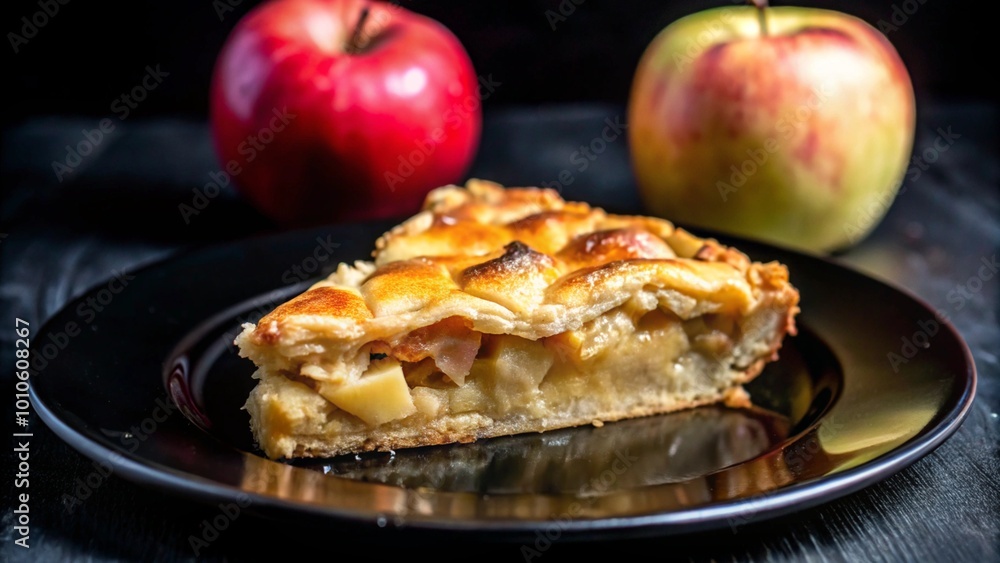 A slice of apple pie on a black plate with two whole apples in the background. A slice of apple pie on a black plate with two whole apples in the background.
