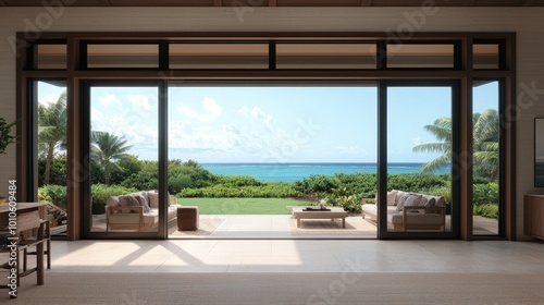 Modern Coastal Living Room with Ocean View Sliding Glass Doors