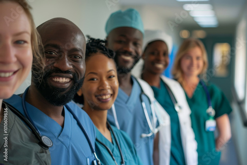 A group of doctors and nurses are smiling for the camera