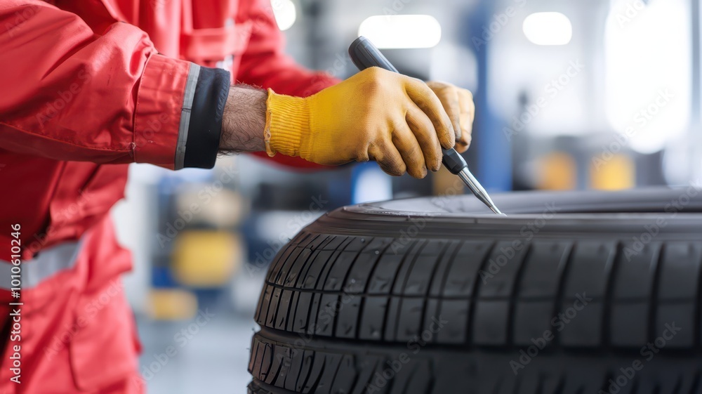 A mechanic in a red jumpsuit repairs a tire in a workshop, using a tool and wearing protective gloves. A mechanic in a red jumpsuit repairs a tire in a workshop, using a tool and wearing protective gloves.