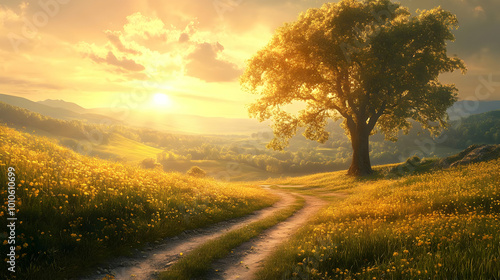 Golden Sunset Landscape with Tree and Path