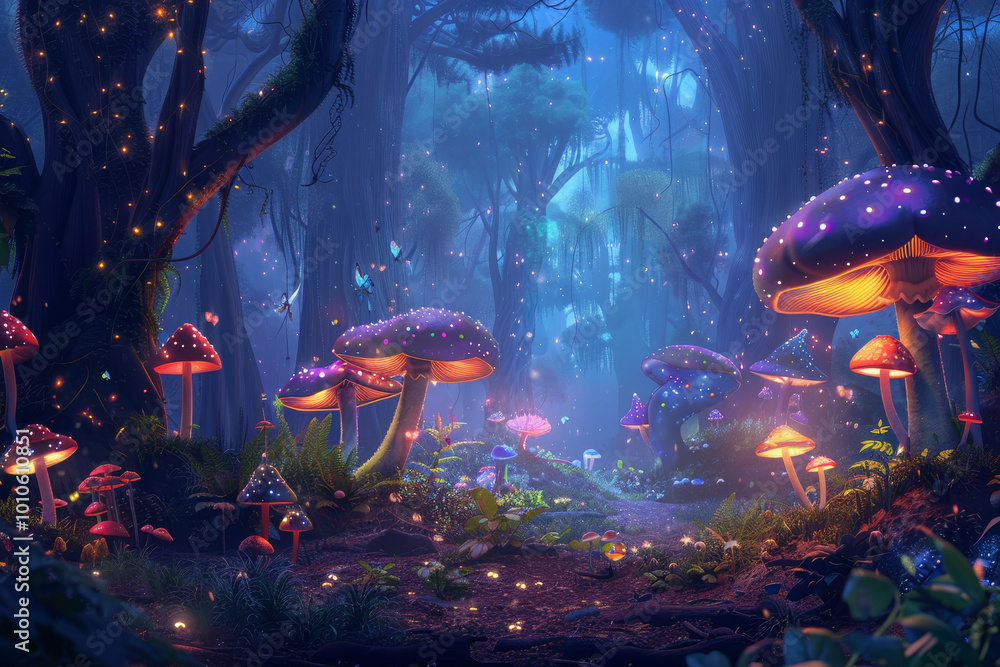 A forest scene with many glowing mushrooms A forest scene with many glowing mushrooms