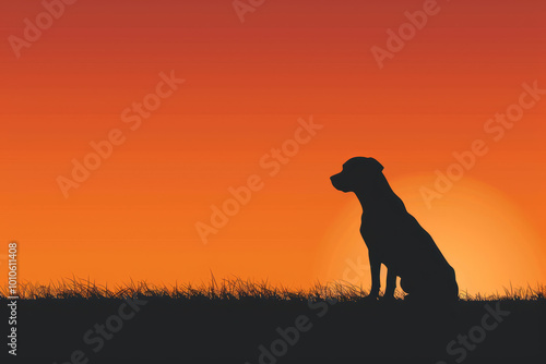 A dog is sitting on a grassy hillside at sunset