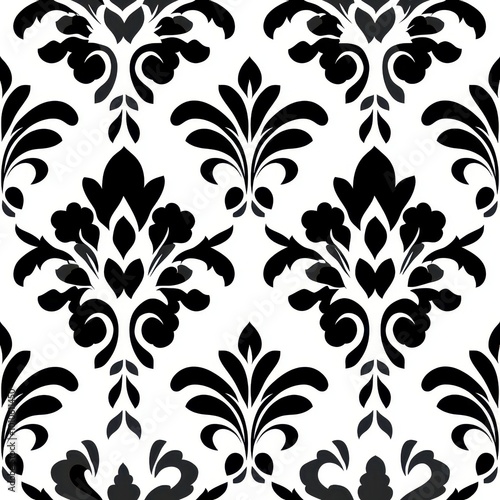 A striking black and white damask pattern featuring floral motifs, perfect for chic interior design and elegant décor.