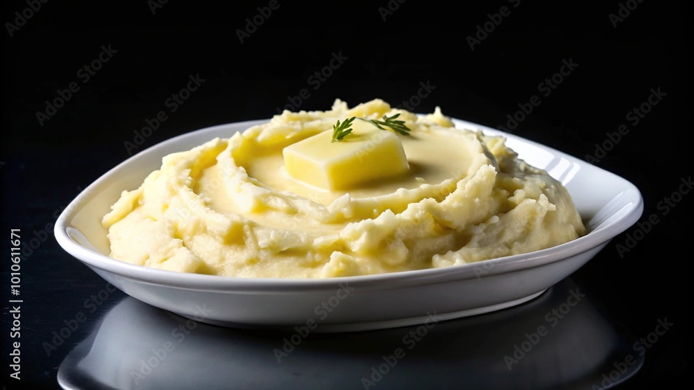 A white bowl of mashed potatoes with a pat of butter and a sprig of thyme on top, set against a black background. A white bowl of mashed potatoes with a pat of butter and a sprig of thyme on top, set against a black background.