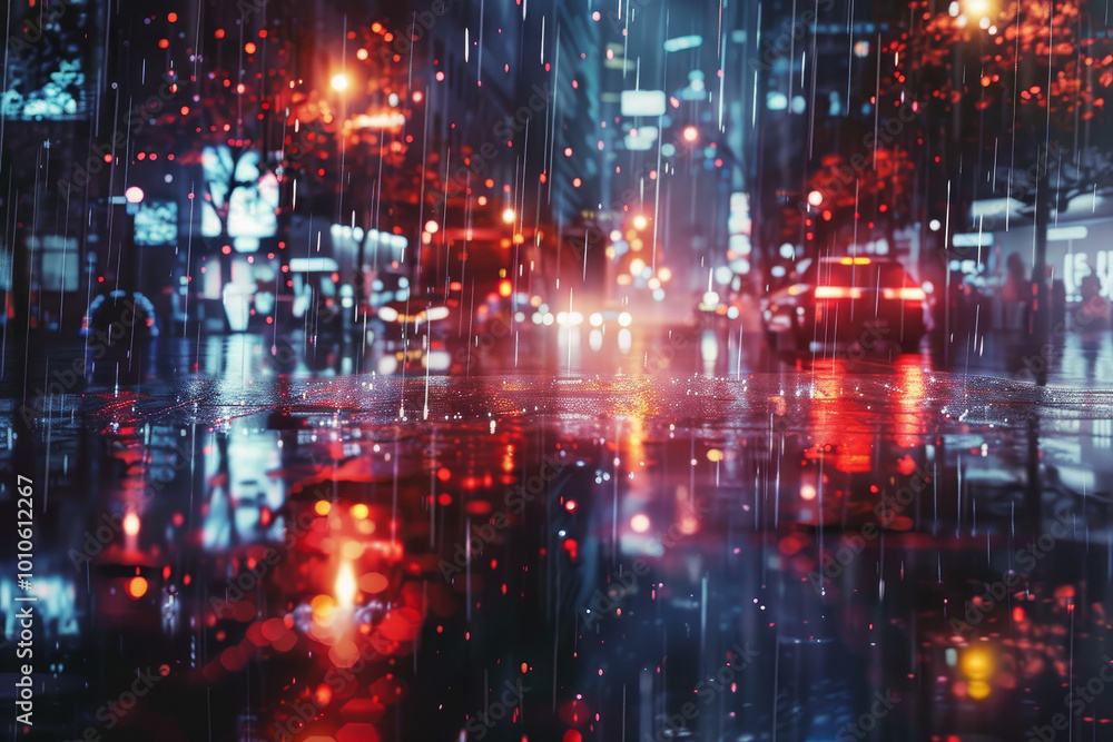 A rainy city street with cars and people walking A rainy city street with cars and people walking