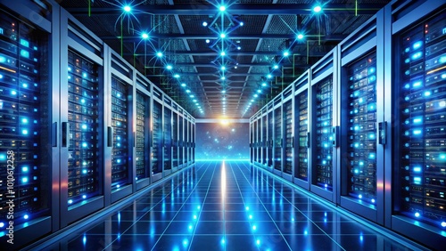 Futuristic Data Center with Glowing Servers and Digital Interfaces Showcasing Advanced Technology and Enhanced