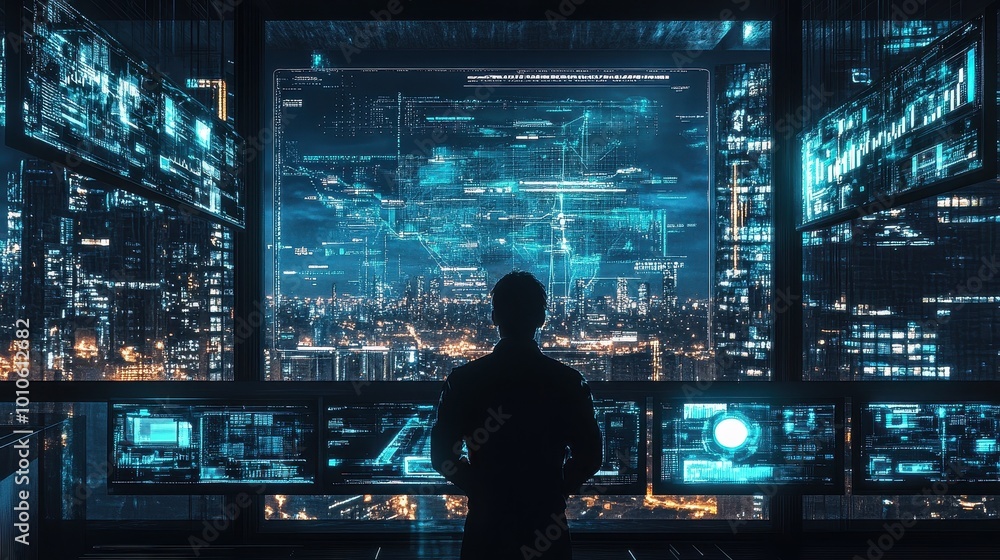 Futuristic Cityscape and Technology Concept in Silhouette Futuristic Cityscape and Technology Concept in Silhouette