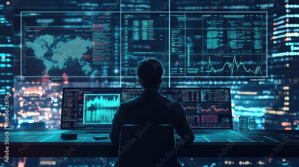 Cybersecurity Analyst Examining Financial Data and Global Trends Cybersecurity Analyst Examining Financial Data and Global Trends