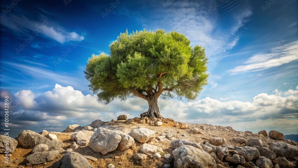 Εκτύπωση καμβά A solitary tree stands tall on a rocky hillside, its vibrant green foliage contrasting with the azure sky and the rolling clouds above
