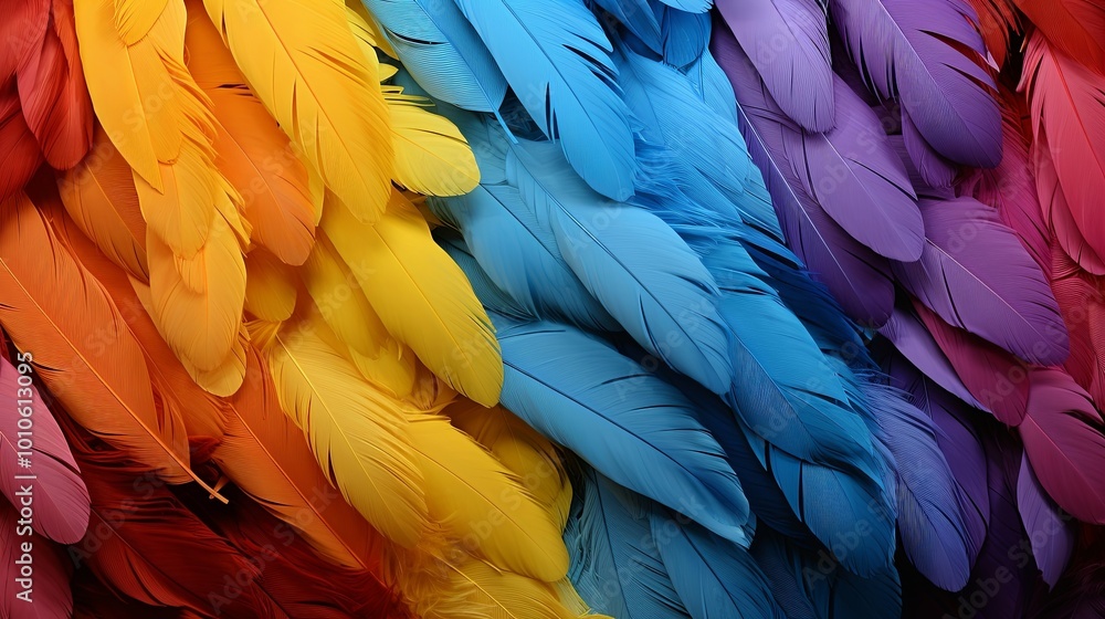 Obraz premium A symphony of colors created by the delicate arrangement of feathers, each hue blending seamlessly into the next, forming a captivating visual tapestry.