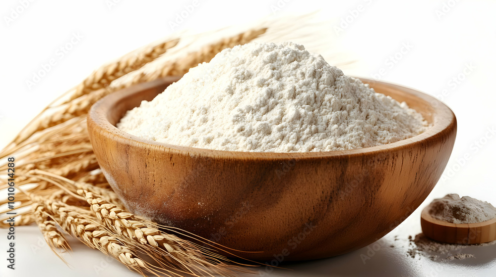 Wheat Flour in a Wooden Bowl with Wheat Stalks Wheat Flour in a Wooden Bowl with Wheat Stalks