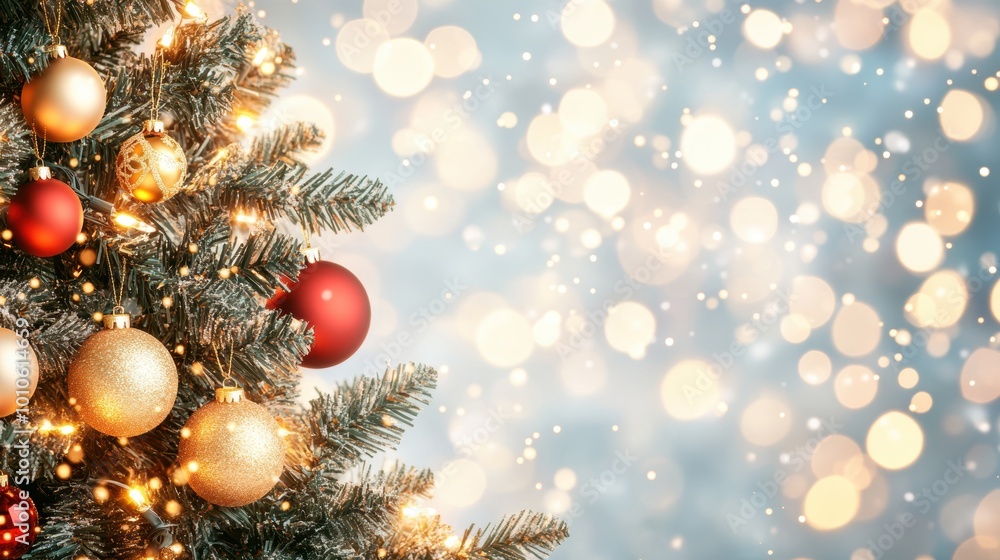 Christmas tree decorated with red and gold baubles, with sparkling golden bokeh lights in the background. Festive and holiday celebration concept. Christmas tree decorated with red and gold baubles, with sparkling golden bokeh lights in the background. Festive and holiday celebration concept.