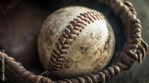 Worn Baseball in a Leather Catcher's Mitt photo