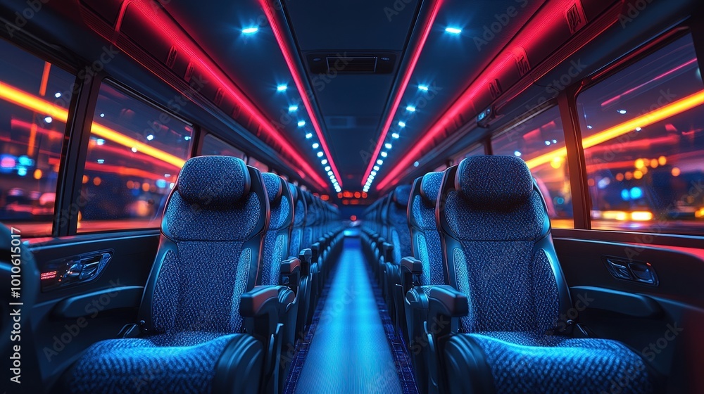 Modern Bus Interior with Empty Seats and Night City Lights Modern Bus Interior with Empty Seats and Night City Lights