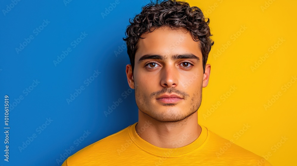 Portrait of a Young Man with Curly Hair Against a Blue and Yellow Background Portrait of a Young Man with Curly Hair Against a Blue and Yellow Background
