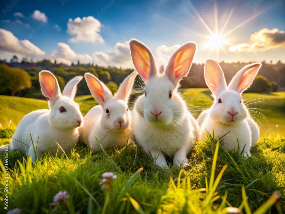 Group of adorable white rabbits grazing peacefully on a farm in a sunny meadow setting, perfect for nature Group of adorable white rabbits grazing peacefully on a farm in a sunny meadow setting, perfect for nature