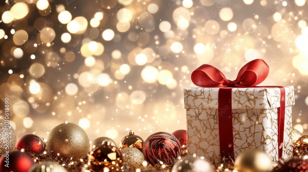 Golden gift box with a red ribbon and Christmas ornaments against a glittering bokeh background. Elegant holiday celebration concept. Golden gift box with a red ribbon and Christmas ornaments against a glittering bokeh background. Elegant holiday celebration concept.