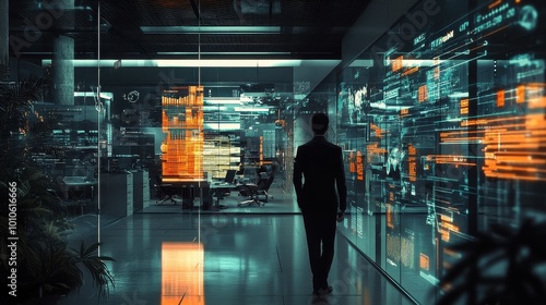 Futuristic Tech Office with Silhouetted Person