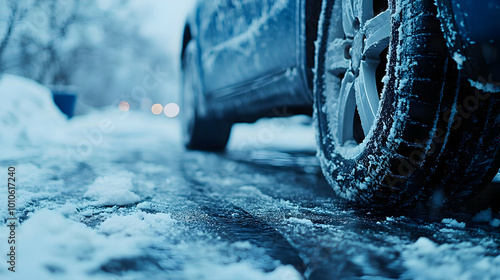 Car Tire Covered in Snow on Snowy Road