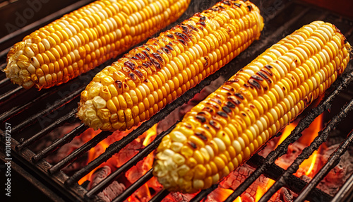 Grilled corn on the cob sizzling over hot coals, showcasing a delicious summer treat.