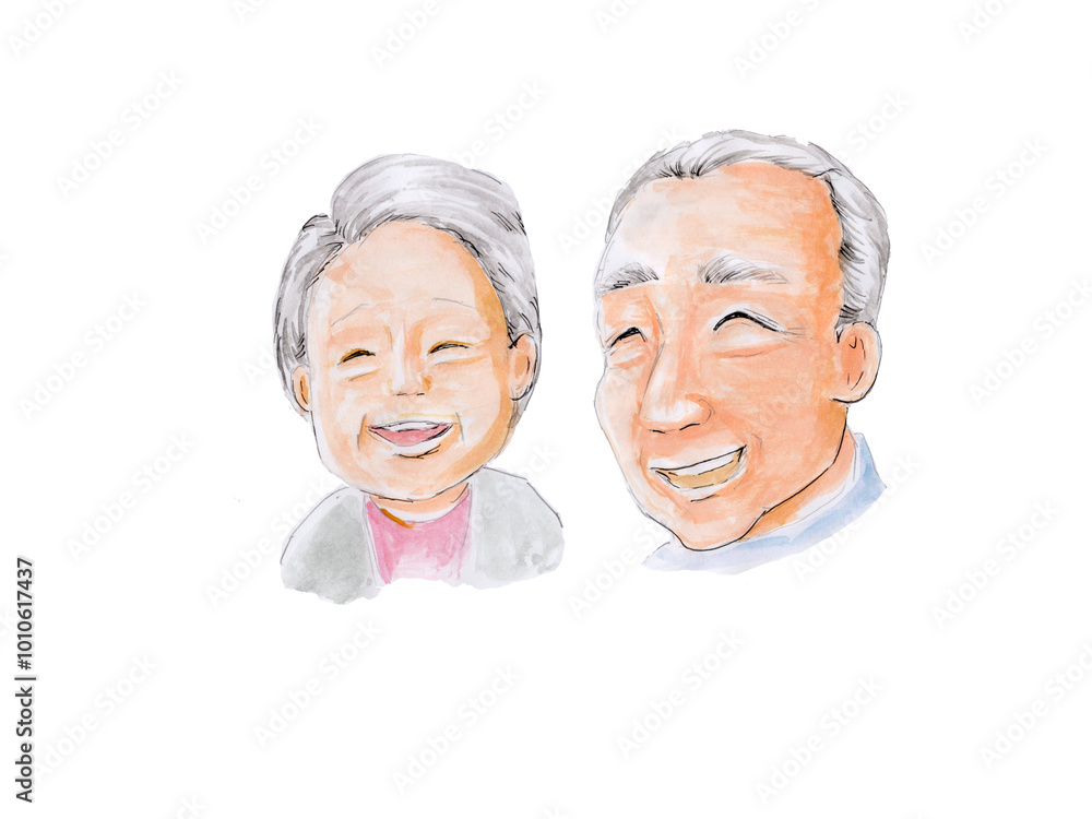 笑顔の高齢男女 手書き水彩画 笑顔の高齢男女 手書き水彩画
