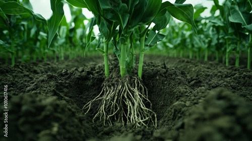 Close-up view of corn plant roots in the soil.