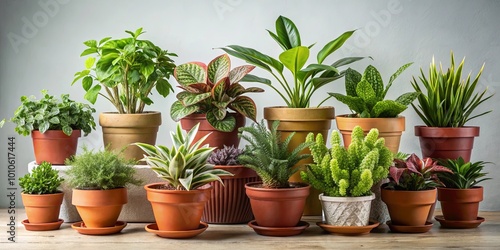 A collection of potted plants with various textures and shapes, showcasing the beauty of nature's diversity within a domestic setting.