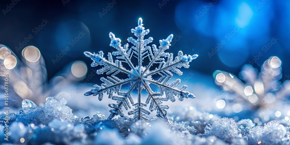 Φωτογραφία A sparkling snowflake, glistening in the soft blue light, rests gently on a bed of glistening snow, a reminder of winter's ethereal beauty