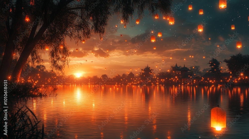 Floating Lanterns at Sunset Over a Lake Generative AI Floating Lanterns at Sunset Over a Lake Generative AI