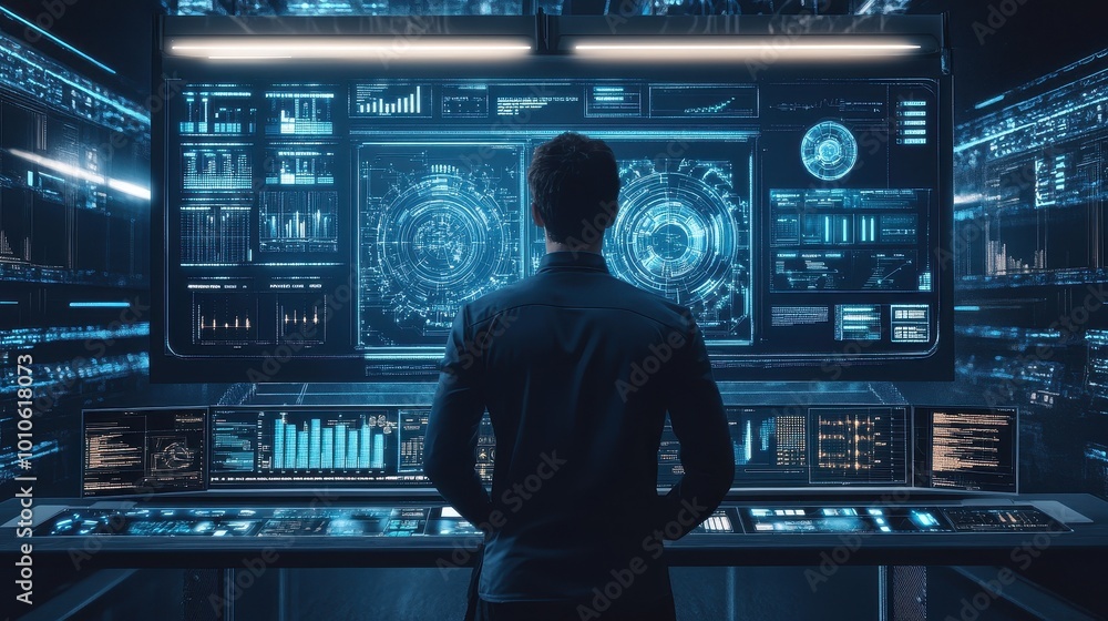 Futuristic Control Room with Silhouetted Figure Futuristic Control Room with Silhouetted Figure