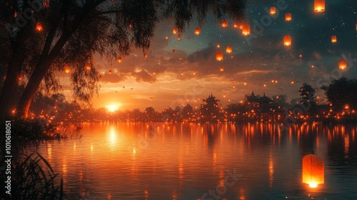 Floating Lanterns at Sunset Over a Lake Generative AI