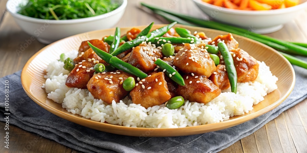 Healthy Sesame Chicken with Rice and Green Beans on a White Plate - Delicious and Nutritious Meal for Healthy Sesame Chicken with Rice and Green Beans on a White Plate - Delicious and Nutritious Meal for