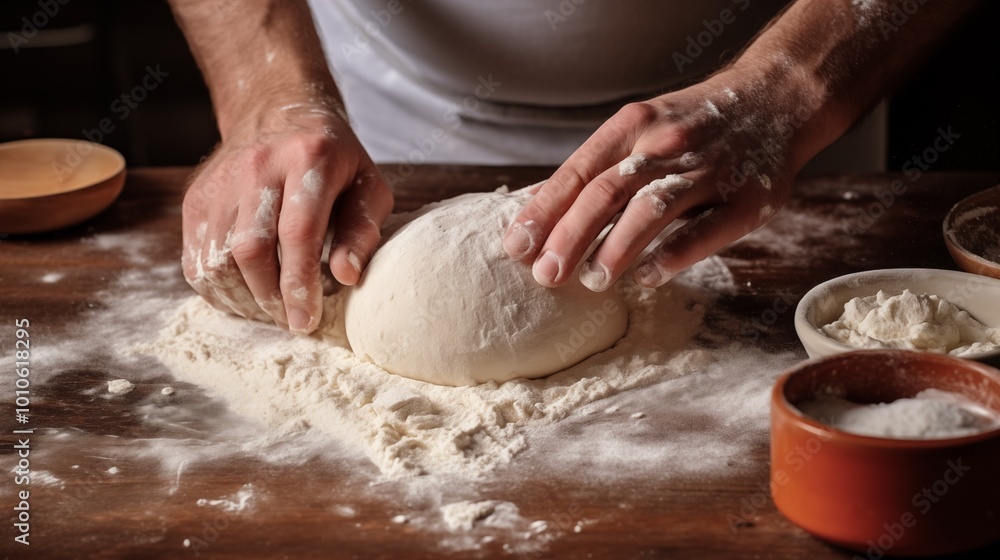 Baker kneading dough on a floured wooden table Baker kneading dough on a floured wooden table