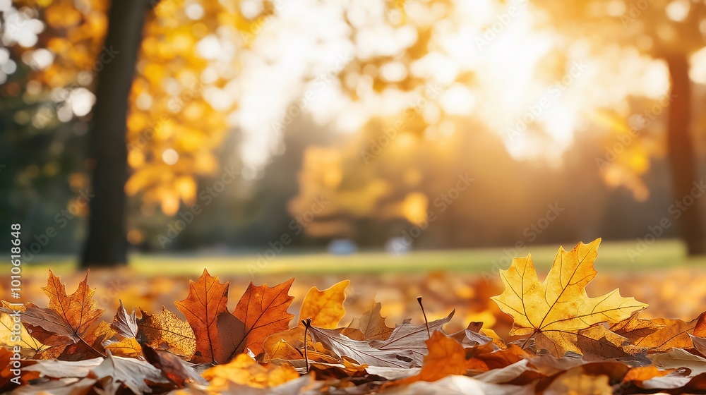 Autumn Leaves on Ground with Soft Sunlight Glare Autumn Leaves on Ground with Soft Sunlight Glare