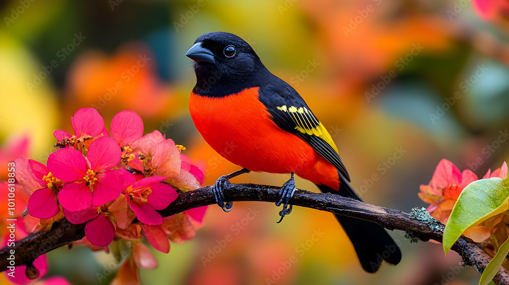 Red-Crested Cardinal on a Branch with Pink Flowers Red-Crested Cardinal on a Branch with Pink Flowers