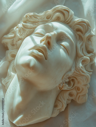 A marble statue face bathed in gentle light, exuding classical beauty and tranquility. Artful depiction of elegance and timelessness. photo