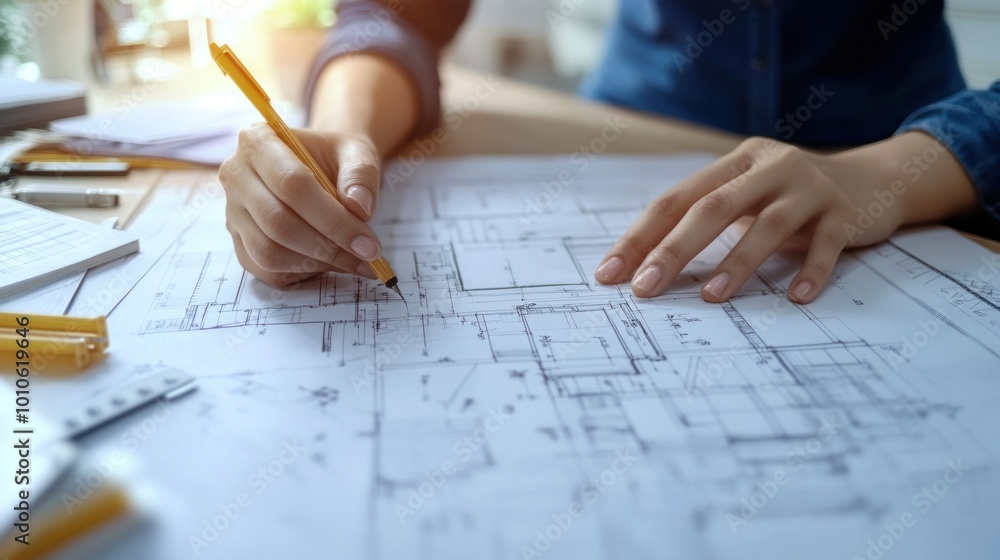 Closeup of hands drawing on a blueprint. Closeup of hands drawing on a blueprint.