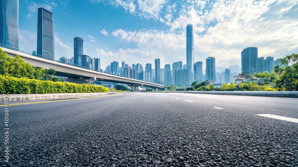 Empty asphalt road with city skyline in the background.