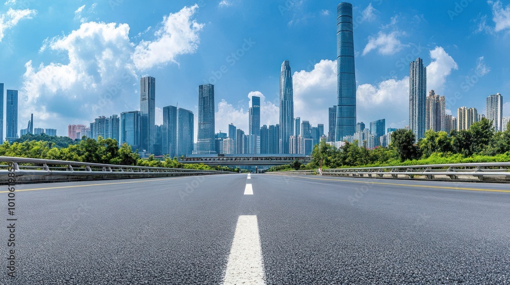 Obraz premium Empty highway leading towards a modern cityscape with skyscrapers under a clear blue sky.