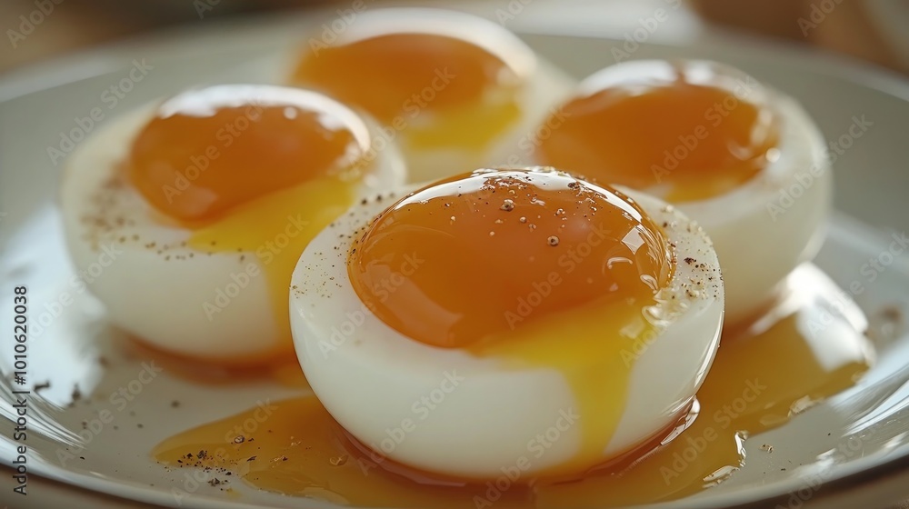 Four soft-boiled eggs with runny yolk on a white plate. Four soft-boiled eggs with runny yolk on a white plate.