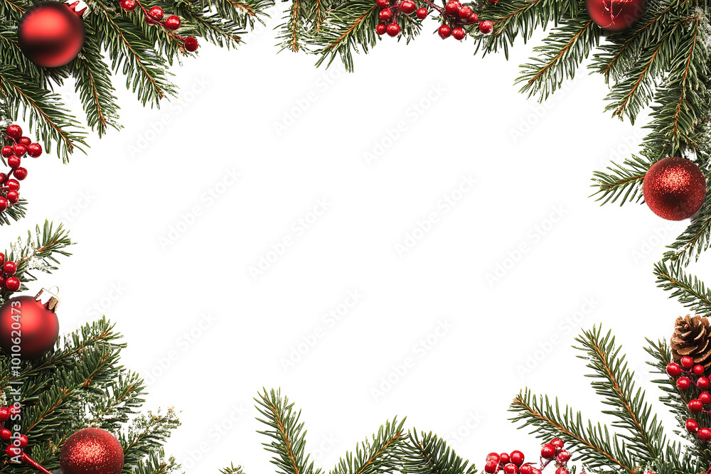 Festive Christmas frame with pine, red berries, and ornaments on a white isolate background. Festive Christmas frame with pine, red berries, and ornaments on a white isolate background.