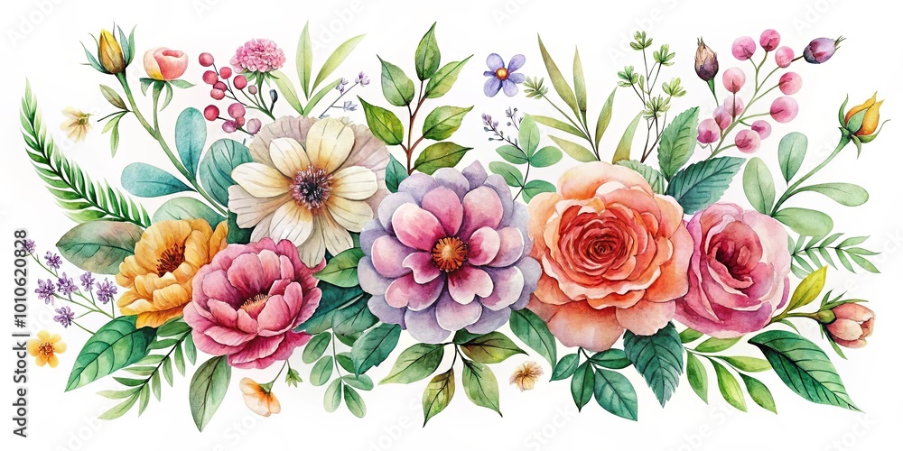 A vibrant watercolor bouquet of delicate blossoms and lush foliage, showcasing the beauty of nature's artistry A vibrant watercolor bouquet of delicate blossoms and lush foliage, showcasing the beauty of nature's artistry