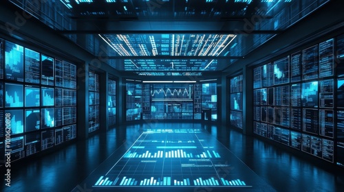 Futuristic Data Center  Illuminated Server Racks and Digital Displays