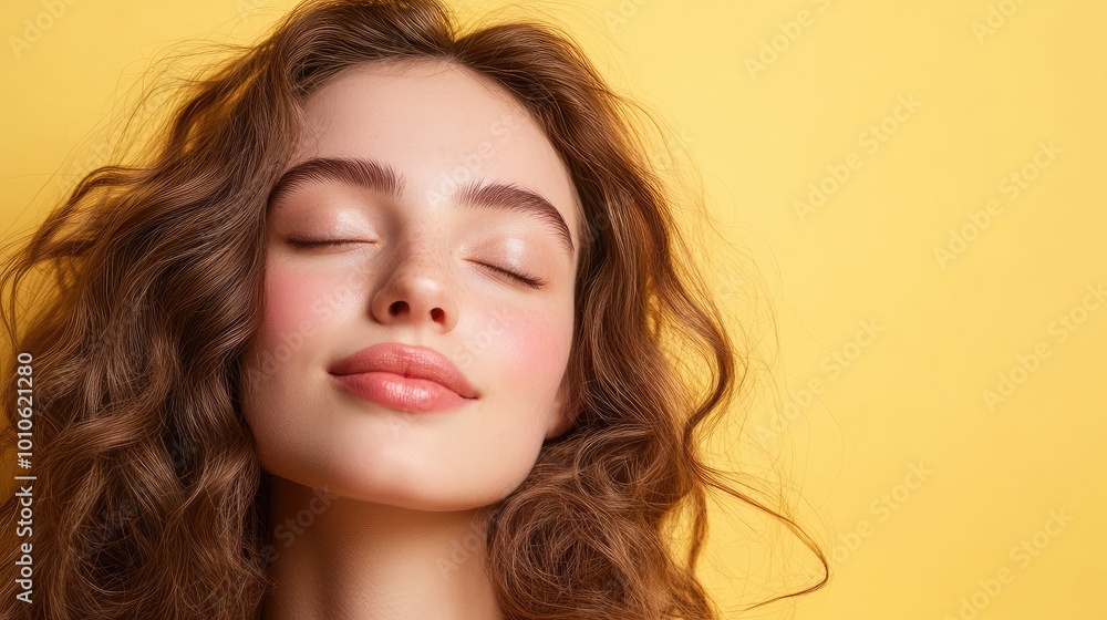 Serene Woman with Curly Hair Against Yellow Background Serene Woman with Curly Hair Against Yellow Background