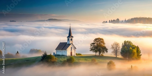 A lone church stands on a hill, surrounded by fog, bathed in the warm glow of a rising sun, a serene and ethereal landscape