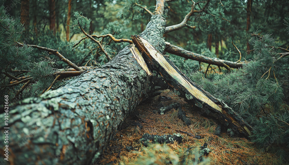 A fallen tree lies on the forest floor, surrounded by greenery, showcasing nature's resilience and the cycle of life. A fallen tree lies on the forest floor, surrounded by greenery, showcasing nature's resilience and the cycle of life.