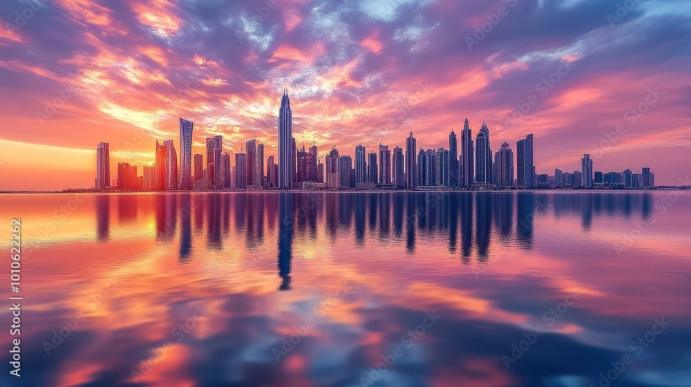 Cityscape skyline reflected in calm water with colorful sunset sky. Cityscape skyline reflected in calm water with colorful sunset sky.